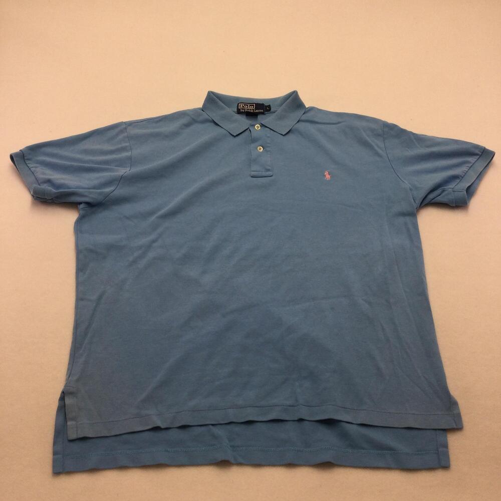 Polo By Ralph Lauren Polo Shirt Mens Large Blue Solid Pink Pony Short Sleeve